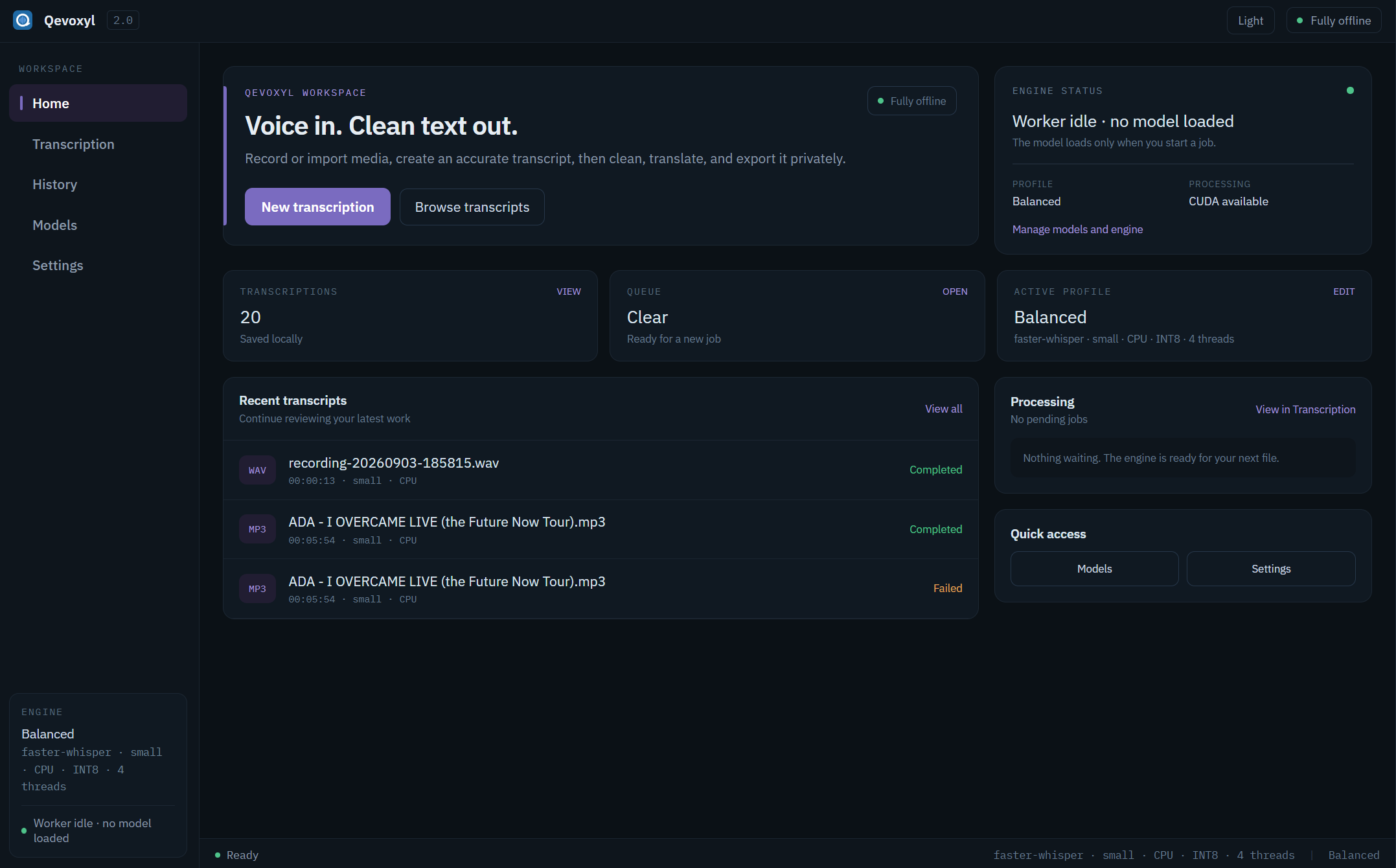 Qevoxyl home workspace in dark mode