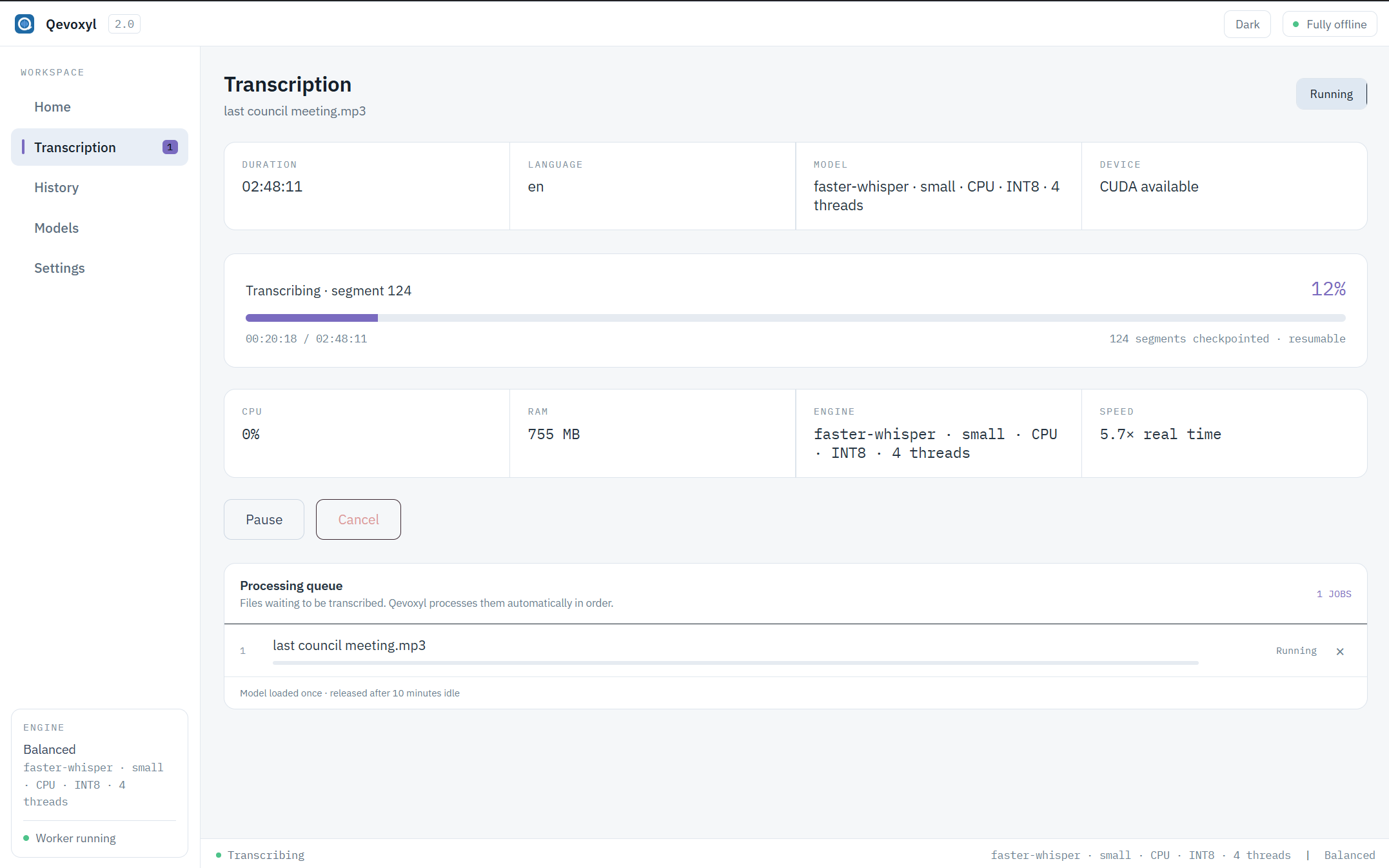 Qevoxyl showing live transcription progress and processing queue